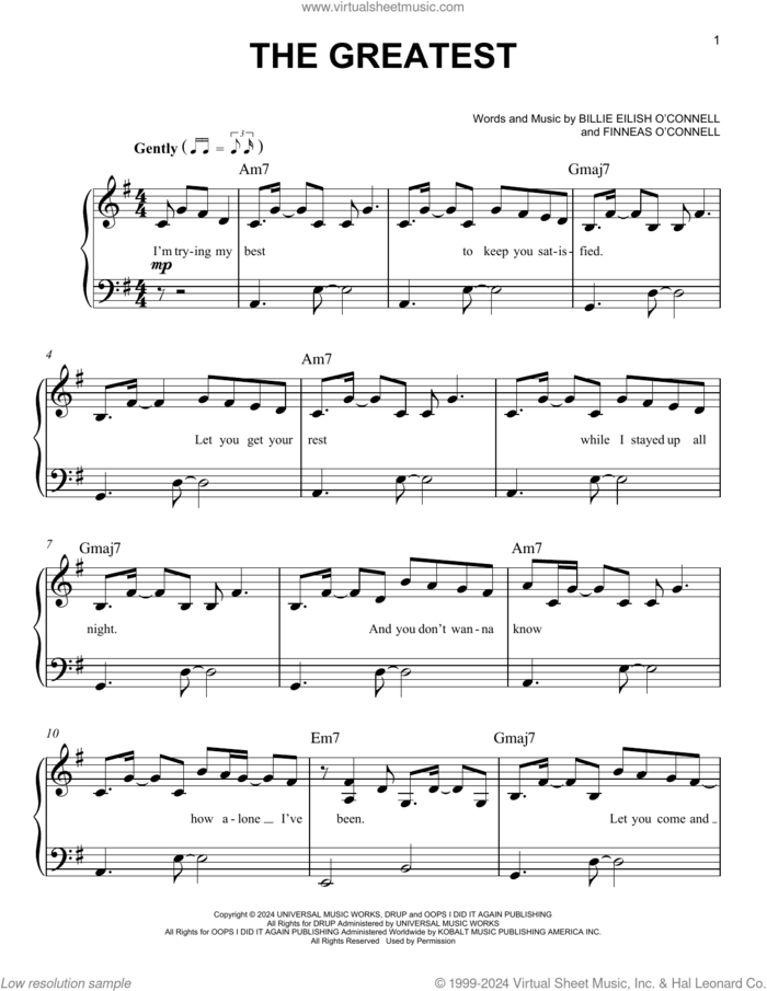 THE GREATEST sheet music for piano solo by Billie Eilish, easy skill level