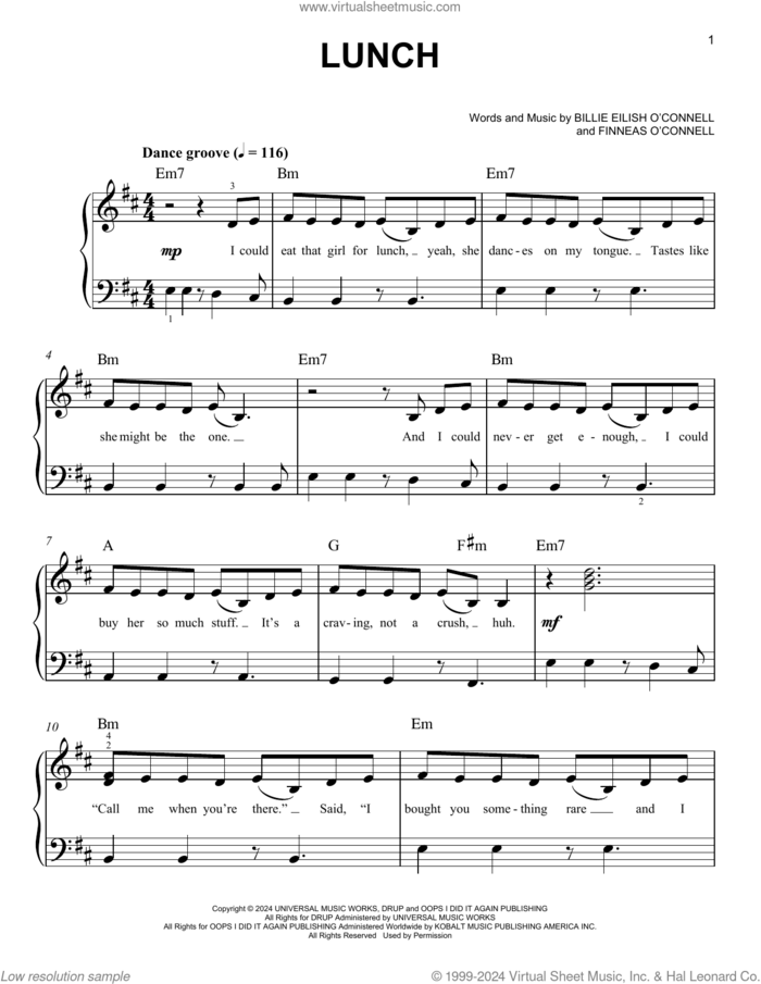 LUNCH sheet music for piano solo by Billie Eilish, easy skill level