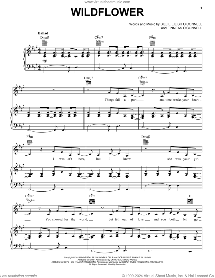 WILDFLOWER sheet music for voice, piano or guitar by Billie Eilish, intermediate skill level