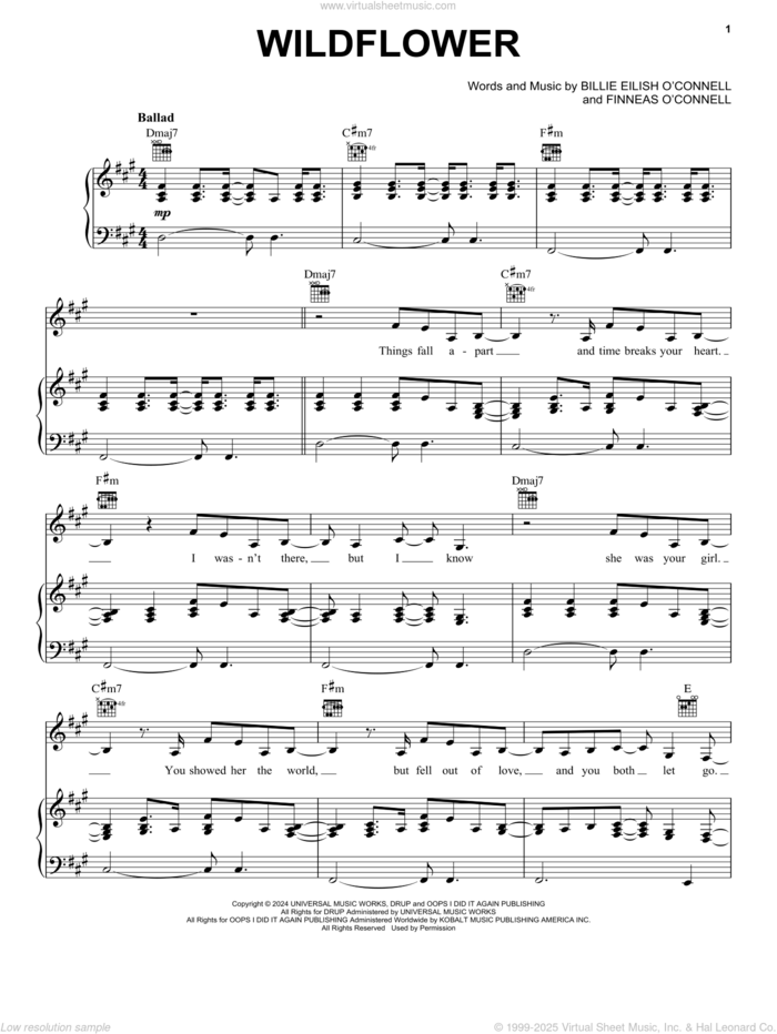 WILDFLOWER sheet music for voice, piano or guitar by Billie Eilish, intermediate skill level