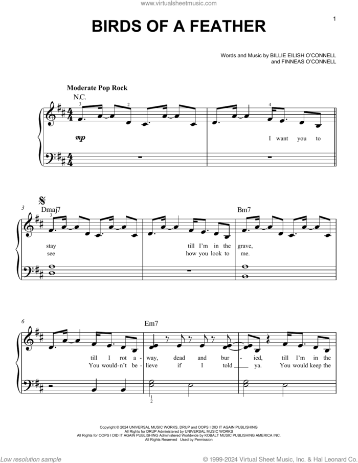 BIRDS OF A FEATHER sheet music for piano solo by Billie Eilish, easy skill level