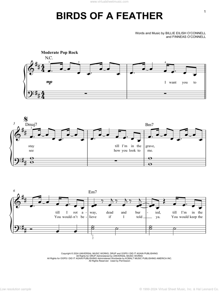 BIRDS OF A FEATHER, (easy) sheet music for piano solo by Billie Eilish, easy skill level