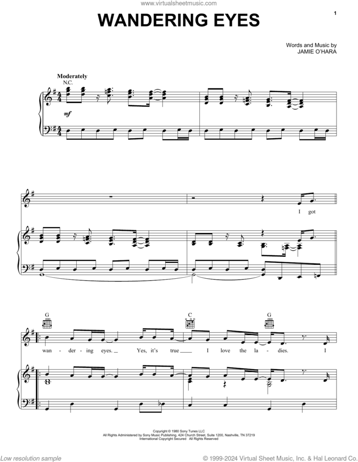 Wandering Eyes sheet music for voice, piano or guitar by Ronnie McDowell, intermediate skill level