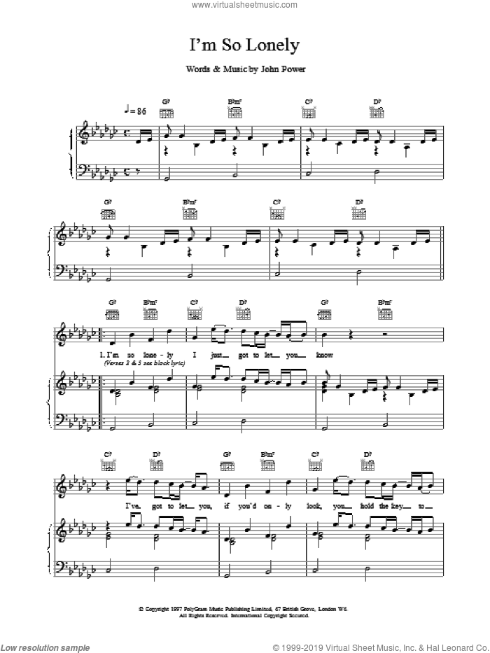 I'm So Lonely sheet music for voice, piano or guitar by John Power, intermediate skill level