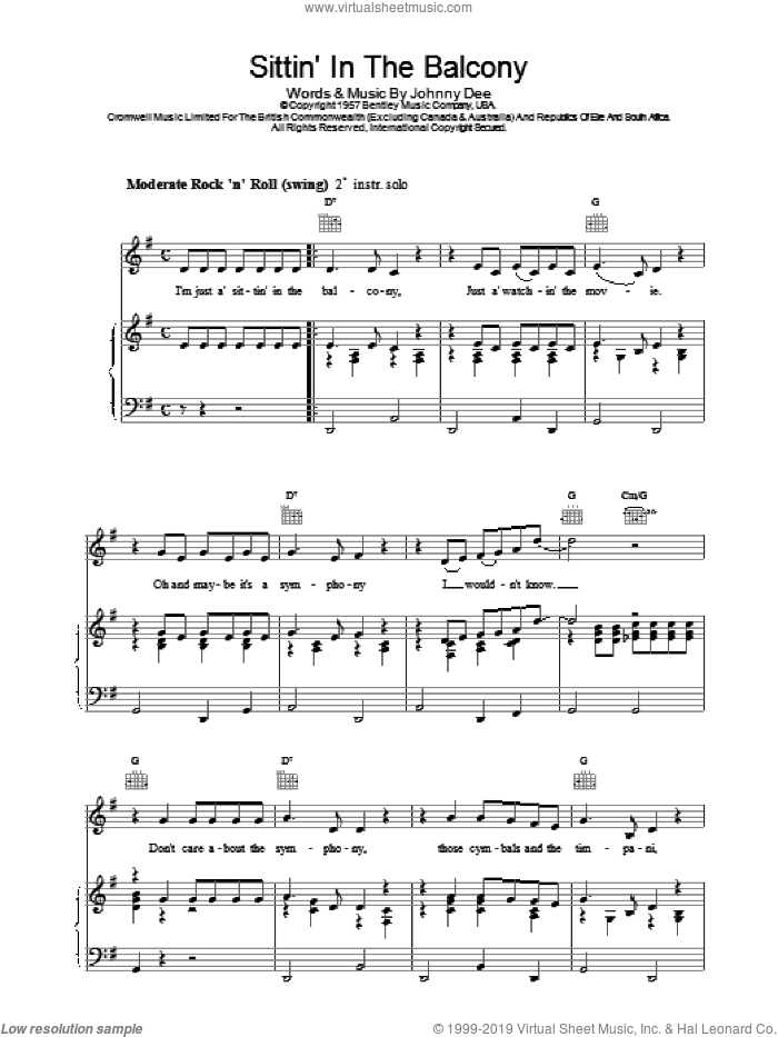 Sittin' In The Balcony sheet music for voice, piano or guitar by Eddie Cochran and Johnny Dee, intermediate skill level