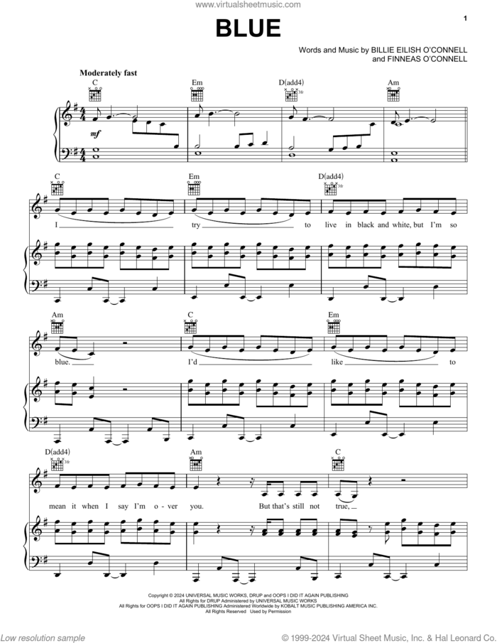 BLUE sheet music for voice, piano or guitar by Billie Eilish, intermediate skill level