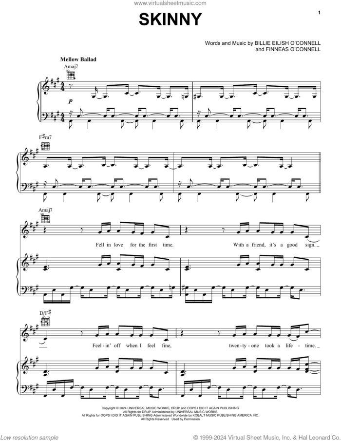SKINNY sheet music for voice, piano or guitar by Billie Eilish, intermediate skill level