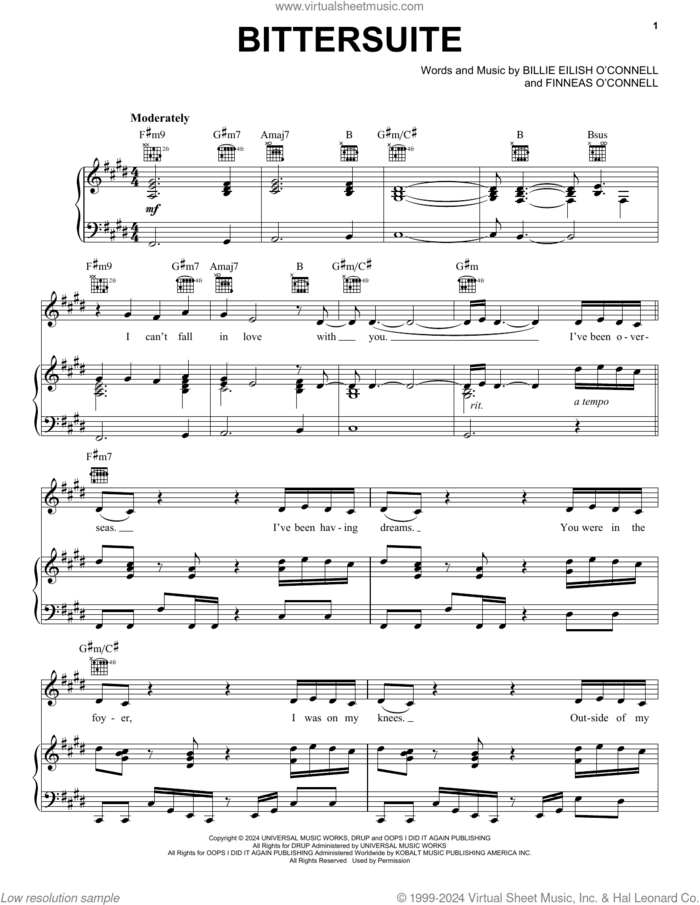 BITTERSUITE sheet music for voice, piano or guitar by Billie Eilish, intermediate skill level