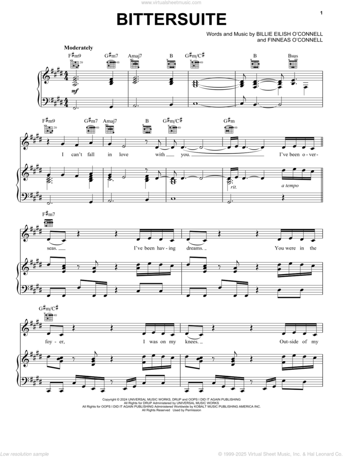 BITTERSUITE sheet music for voice, piano or guitar by Billie Eilish, intermediate skill level