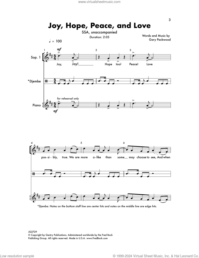 Joy, Hope, Peace, And Love sheet music for choir (SSA: soprano, alto) by Gary Packwood, intermediate skill level