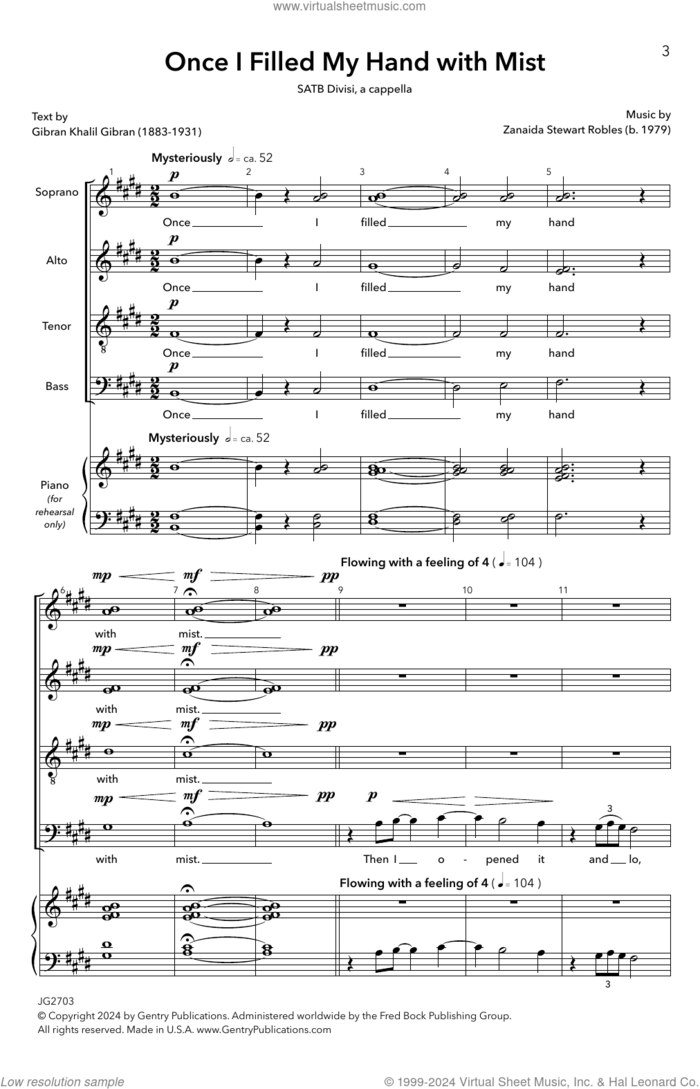 Once I Filled My Hand With Mist sheet music for choir (SATB Divisi) by Zanaida Stewart Robles and Gibran Khalil Gibran, intermediate skill level