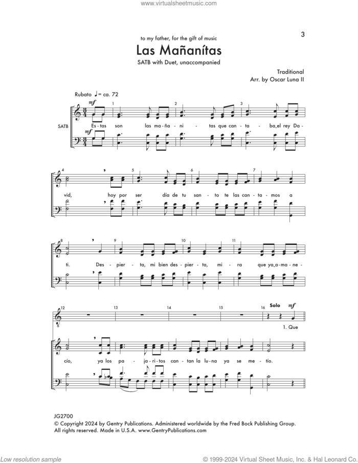 Las Mananitas sheet music for choir (SATB: soprano, alto, tenor, bass) by Oscar Luna, intermediate skill level