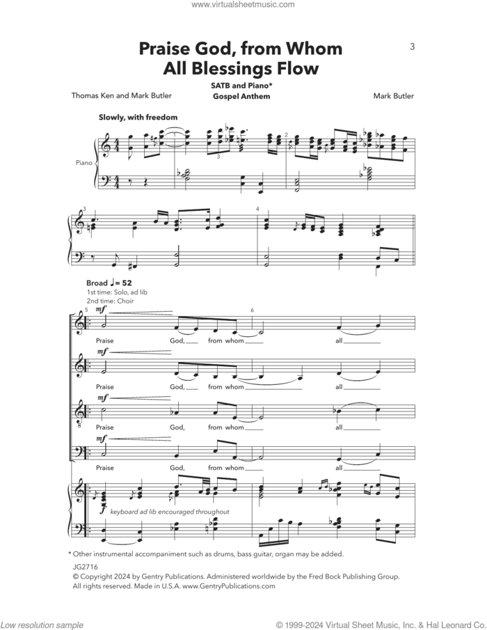 Praise God, From Whom All Blessings Flow sheet music for choir (SATB: soprano, alto, tenor, bass) by Mark Butler and Thomas Ken, intermediate skill level