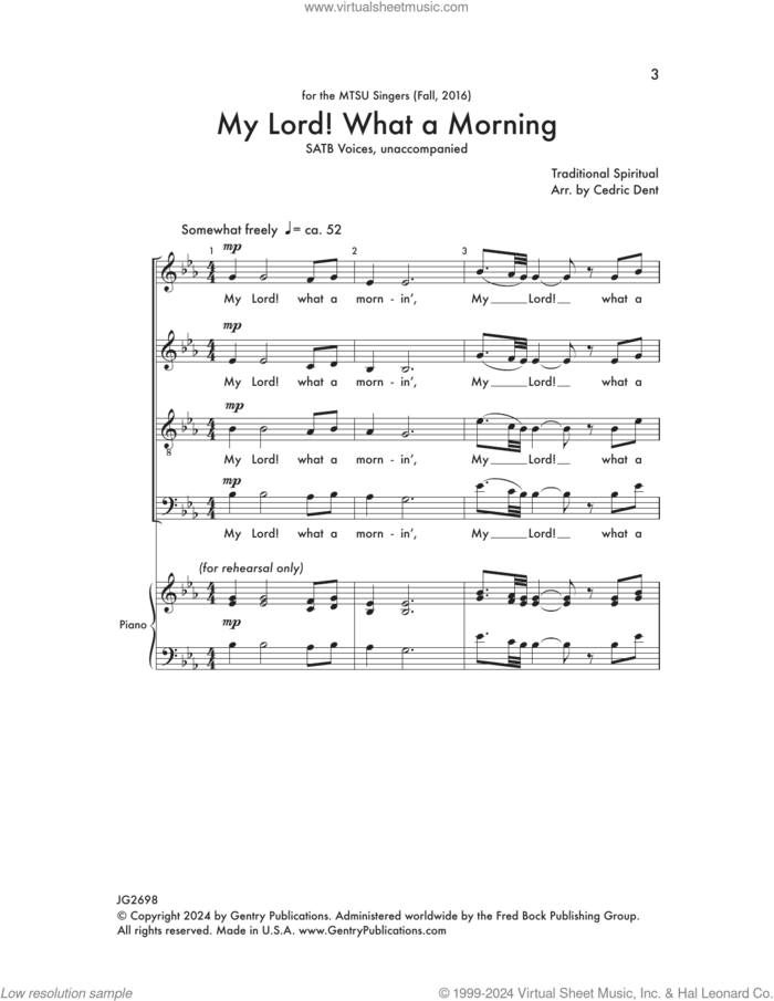 My Lord! What A Morning sheet music for choir (SATB: soprano, alto, tenor, bass) by Cedric Dent, intermediate skill level