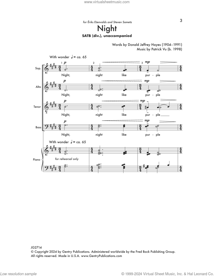 Night sheet music for choir (SATB: soprano, alto, tenor, bass) by Patrick Vu and Donald Jeffrey Hayes, intermediate skill level