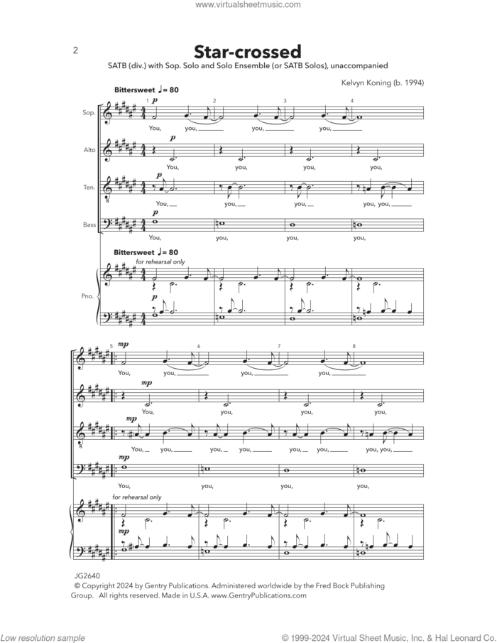 Star-Crossed sheet music for choir (SATB: soprano, alto, tenor, bass) by Kelvyn Koning, intermediate skill level