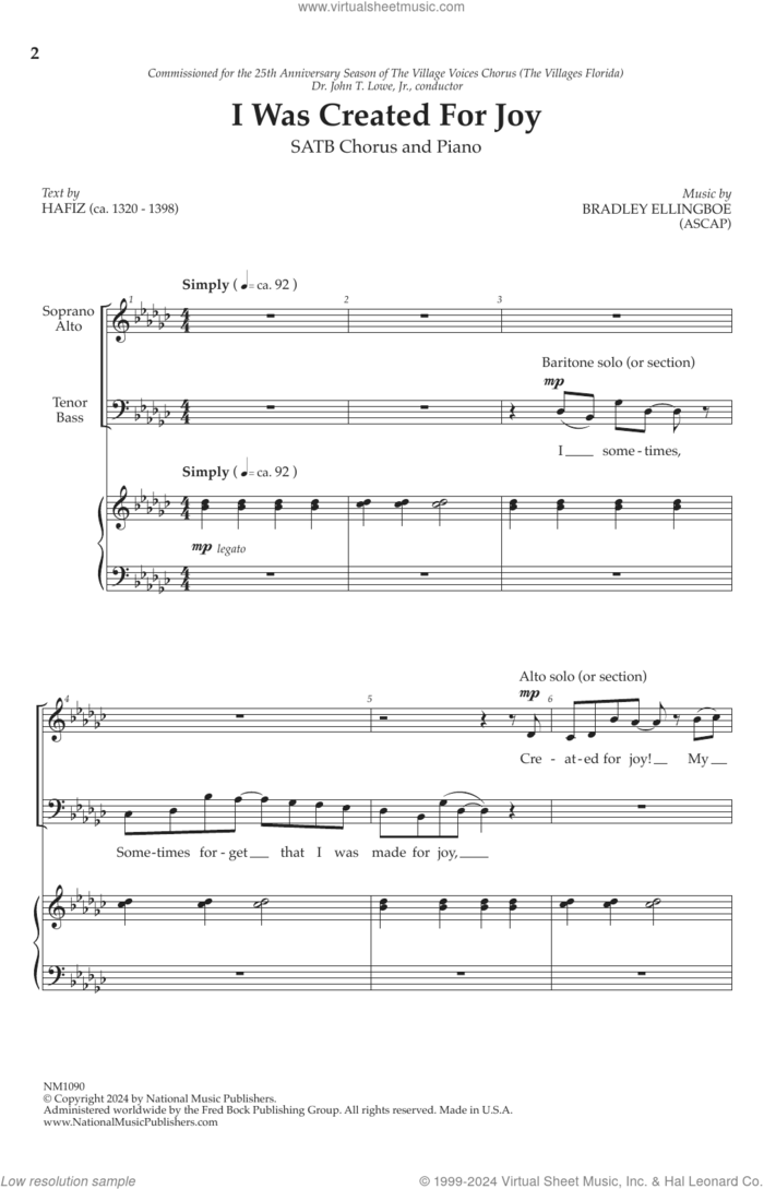 I Was Created For Joy sheet music for choir (SATB: soprano, alto, tenor, bass) by Bradley Ellingboe and Hafiz, intermediate skill level