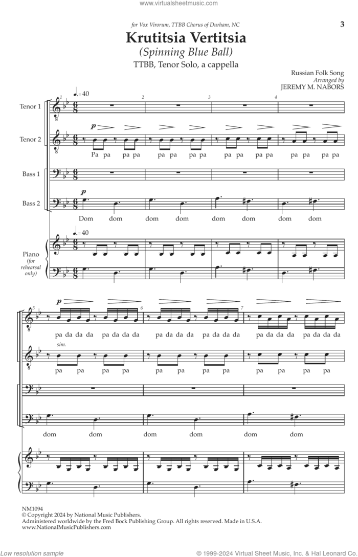 Krutitsia Vertitsia sheet music for choir (TTBB: tenor, bass) by Jeremy Nabors, intermediate skill level