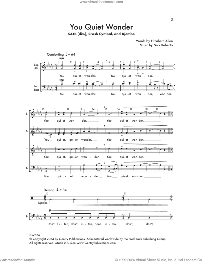 You Quiet Wonder sheet music for choir (SATB Divisi) by Nick Roberto and Elizabeth Allen, intermediate skill level