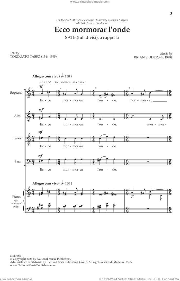 Ecco mormorar l'onde sheet music for choir (SATB: soprano, alto, tenor, bass) by Brian Sidders and Torquato Tasso, intermediate skill level