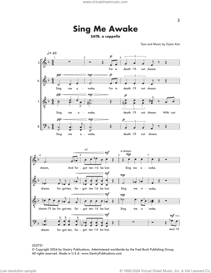 Sing Me Awake sheet music for choir (SATB: soprano, alto, tenor, bass) by Dylan Kim, intermediate skill level