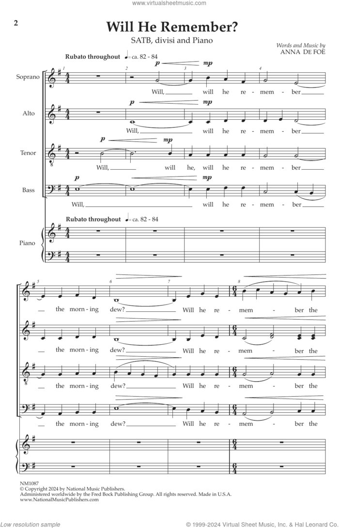 Will He Remember sheet music for choir (SATB: soprano, alto, tenor, bass) by Anne De Foe, intermediate skill level