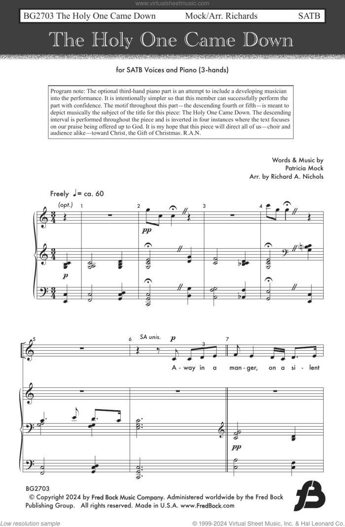 The Holy One Came Down (arr. Richard A. Nichols) sheet music for choir (SATB: soprano, alto, tenor, bass) by Patricia Mock and Richard A. Nichols, intermediate skill level