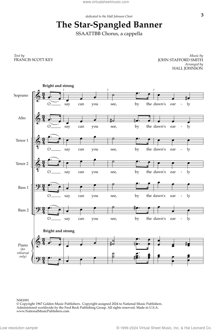The Star-Spangled Banner sheet music for choir (SATTBB) by John Stafford Smith, Hall Johnson and Francis Scott Key, intermediate skill level