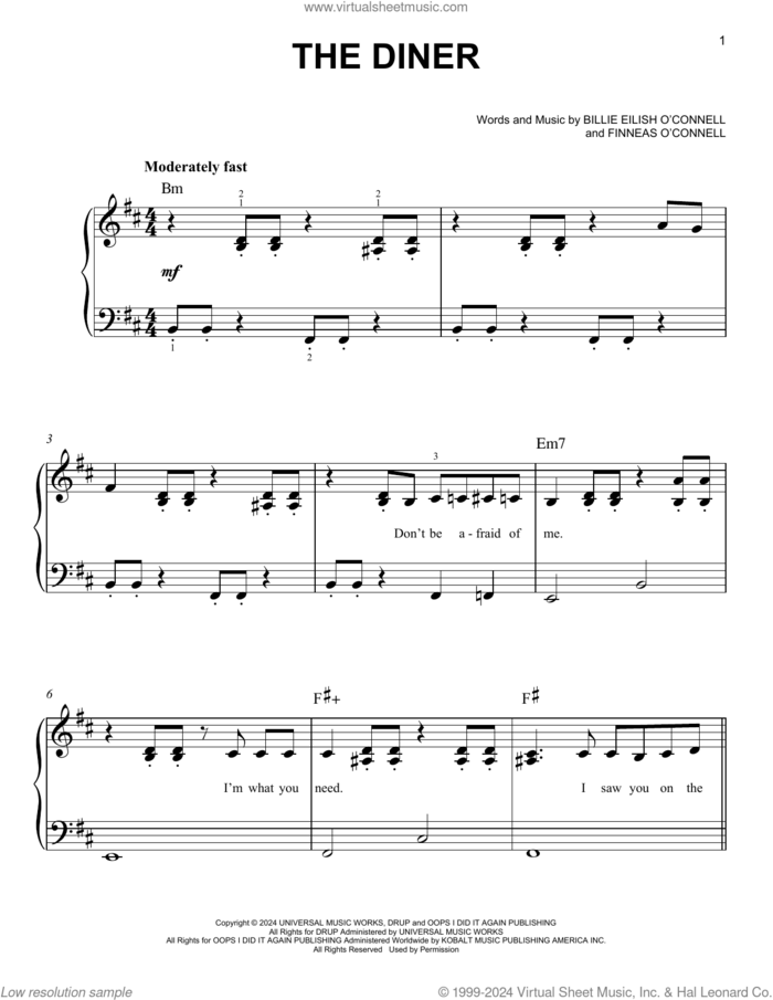 THE DINER sheet music for piano solo by Billie Eilish, easy skill level