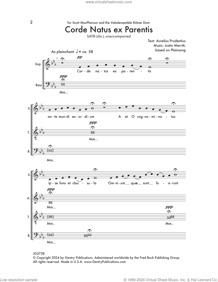 Corde Natus Ex Parentis sheet music for choir (SATB: soprano, alto, tenor, bass) by Justin Merritt and Aurelius Prudentius, intermediate skill level