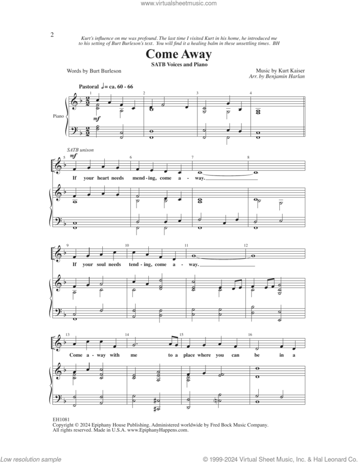 Come Away (arr. Benjamin Harlan) sheet music for choir (SATB: soprano, alto, tenor, bass) by Kurt Kaiser, Benjamin Harlan and Burt Burleson, intermediate skill level