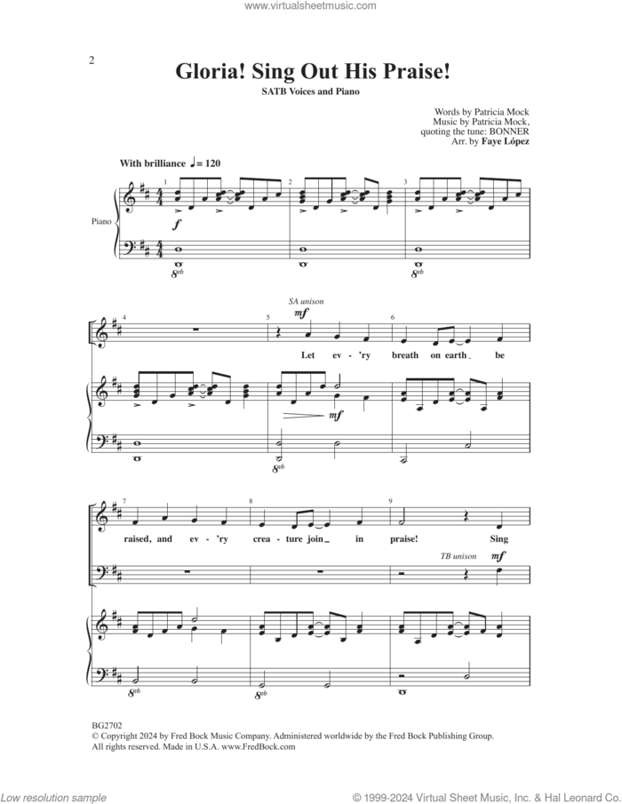 Gloria! Sing Out His Praise! (arr. Faye Lopez) sheet music for choir (SATB: soprano, alto, tenor, bass) by Patricia Mock and Faye Lopez, intermediate skill level