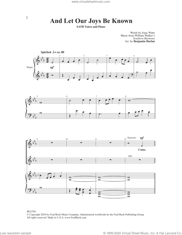 And Let Our Joys Be Known sheet music for choir (SATB: soprano, alto, tenor, bass) by Benjamin Harlan and Isaac Watts, intermediate skill level