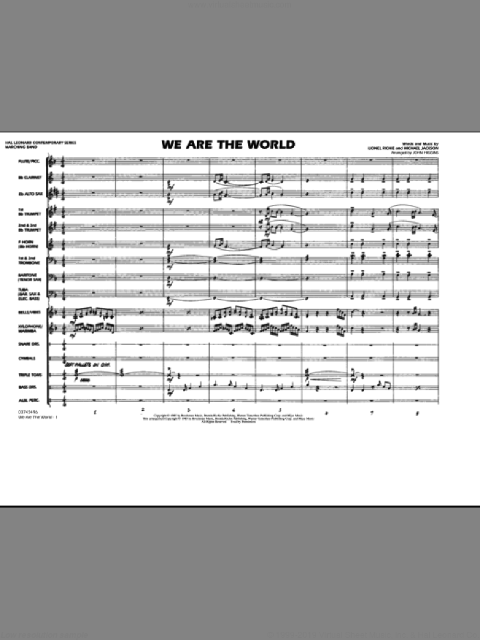 We Are The World (COMPLETE) sheet music for marching band by Michael Jackson, John Higgins, Lionel Richie and USA For Africa, intermediate skill level