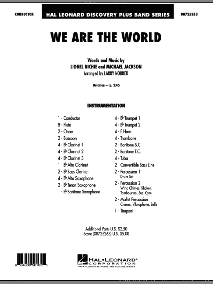 We Are The World (COMPLETE) sheet music for concert band by Michael Jackson, Larry Norred, Lionel Richie and USA For Africa, intermediate skill level
