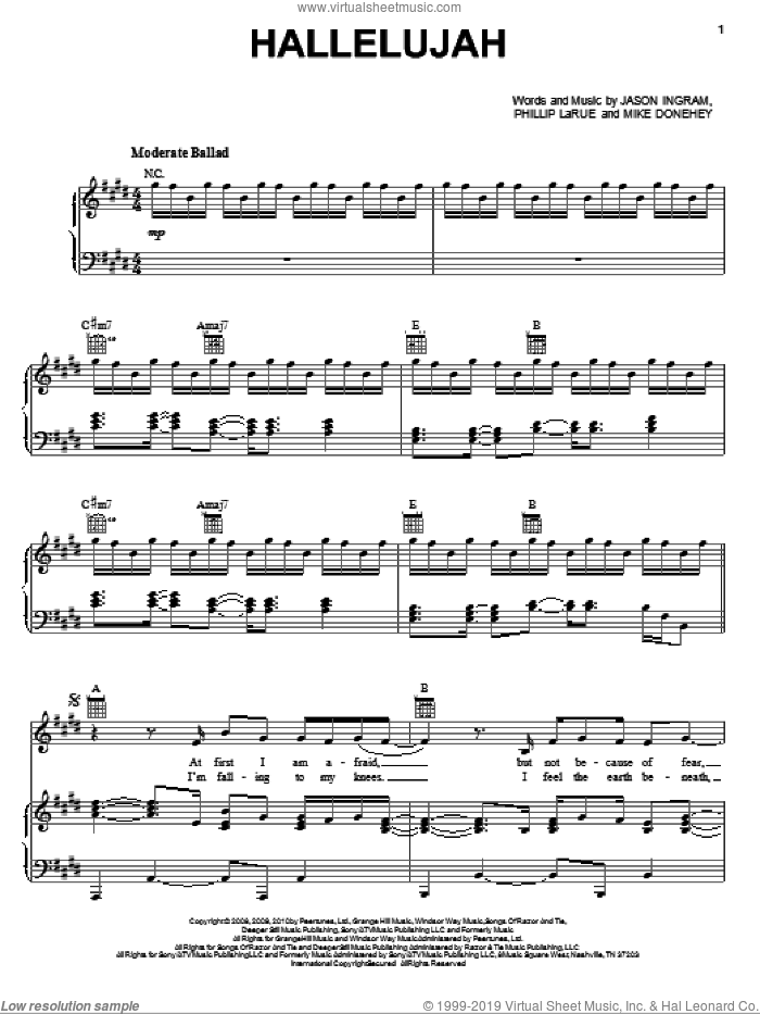 Hallelujah sheet music for voice, piano or guitar by Tenth Avenue North, Jason Ingram, Mike Donehey and Phillip Larue, intermediate skill level