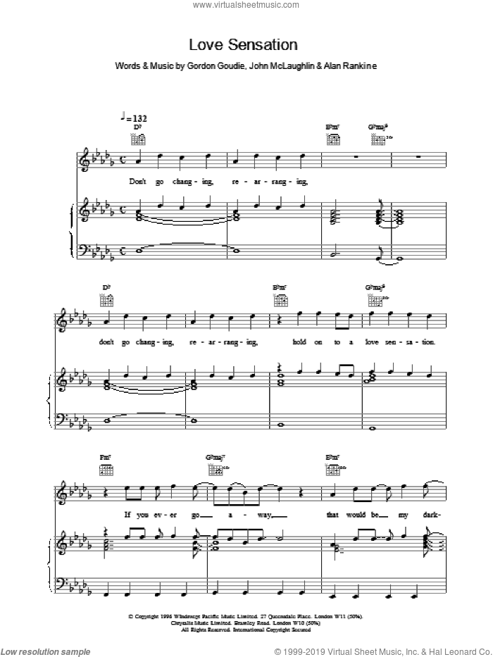Love Sensation sheet music for voice, piano or guitar by Goudie,G, 911 and McLaughlin,J & Rankine,A, intermediate skill level