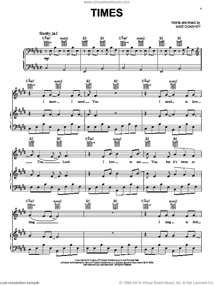 Times sheet music for voice, piano or guitar by Tenth Avenue North and Mike Donehey, intermediate skill level