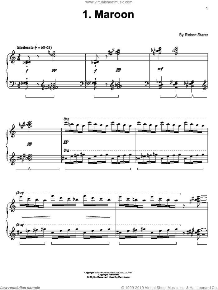 Maroon sheet music for piano solo by Robert Starer and Dr. Carolyn True, intermediate skill level