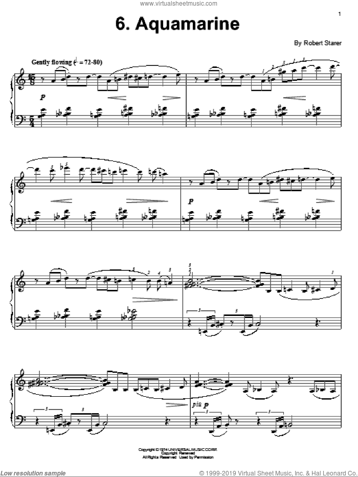 Aquamarine sheet music for piano solo by Robert Starer and Dr. Carolyn True, intermediate skill level