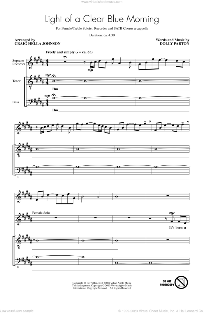Light Of A Clear Blue Morning sheet music for choir (SATB: soprano, alto, tenor, bass) by Dolly Parton and Craig Hella Johnson, intermediate skill level