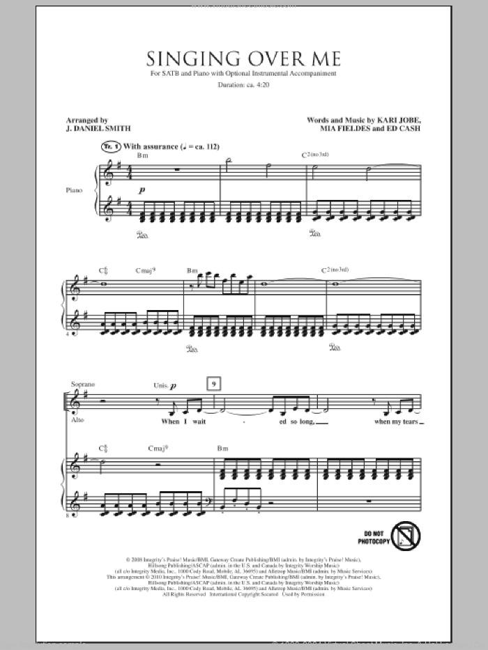 Singing Over Me sheet music for choir (SATB: soprano, alto, tenor, bass) by Ed Cash, Kari Jobe, Mia Fieldes and J. Daniel Smith, intermediate skill level