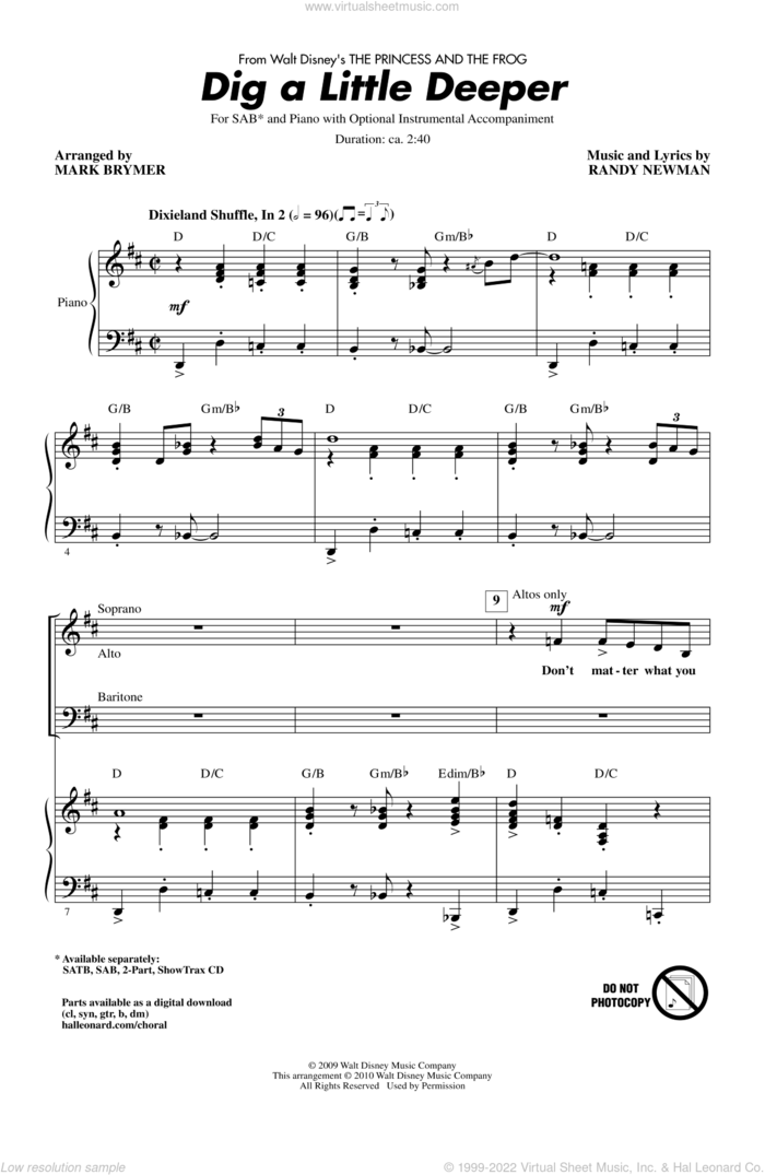 Dig A Little Deeper (from The Princess And The Frog) sheet music for choir (SAB: soprano, alto, bass) by Randy Newman and Mark Brymer, intermediate skill level