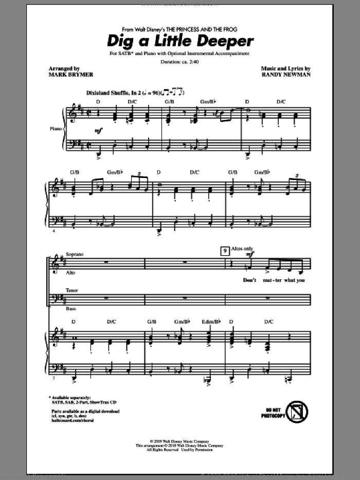 Dig A Little Deeper (from The Princess And The Frog) sheet music for choir (SATB: soprano, alto, tenor, bass) by Randy Newman and Mark Brymer, intermediate skill level
