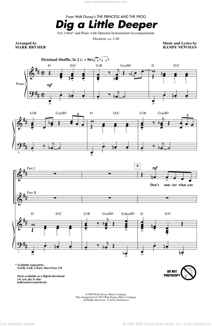 Dig A Little Deeper (from The Princess And The Frog) sheet music for choir (2-Part) by Randy Newman and Mark Brymer, intermediate duet