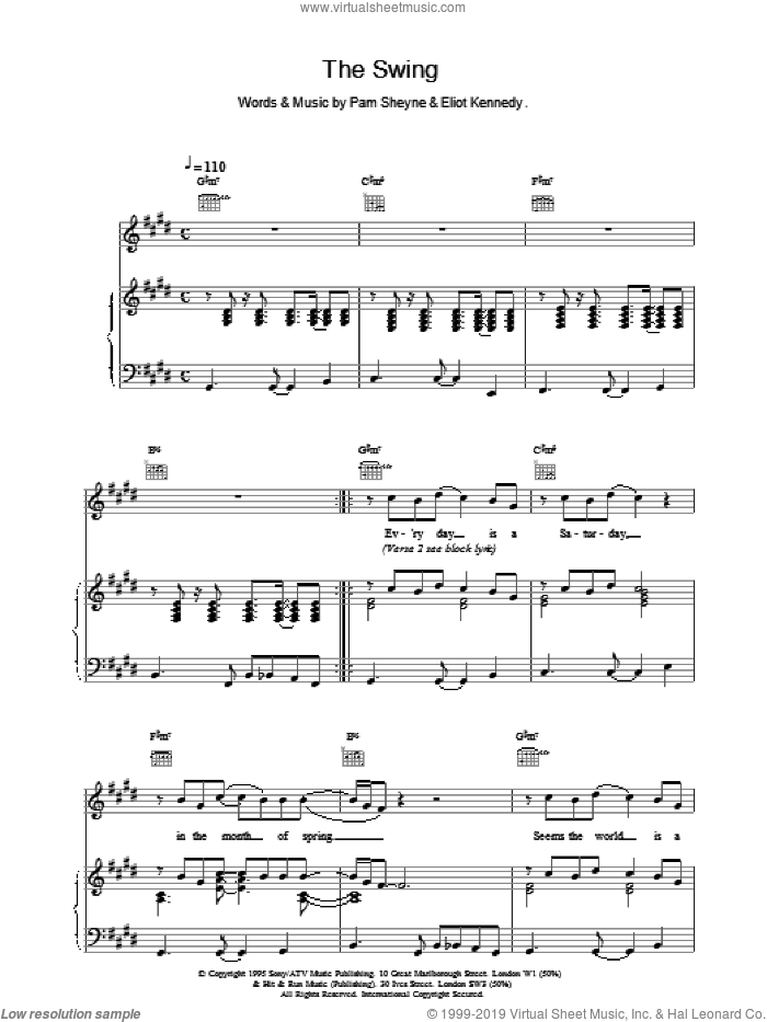 The Swing sheet music for voice, piano or guitar by 911, Eliot Kennedy and Pam Sheyne, intermediate skill level