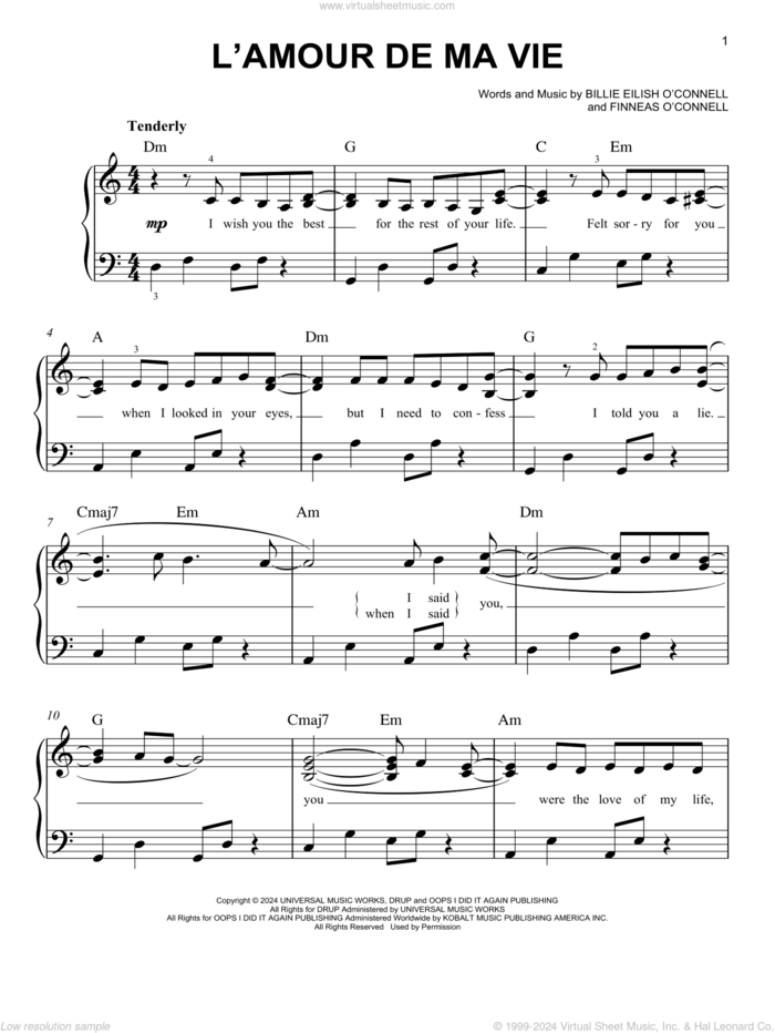 L'AMOUR DE MA VIE sheet music for piano solo by Billie Eilish, easy skill level