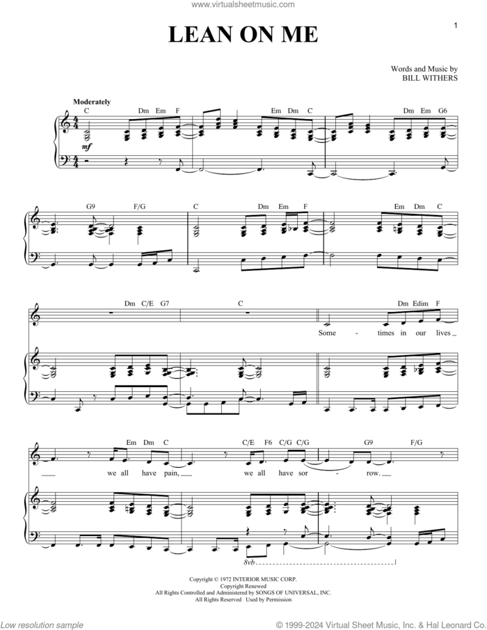 Lean On Me sheet music for voice and piano by Bill Withers and Club Nouveau, intermediate skill level