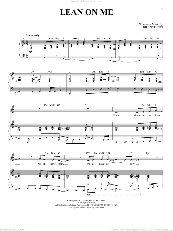 Lean On Me sheet music for voice and piano by Bill Withers and Club Nouveau, intermediate skill level