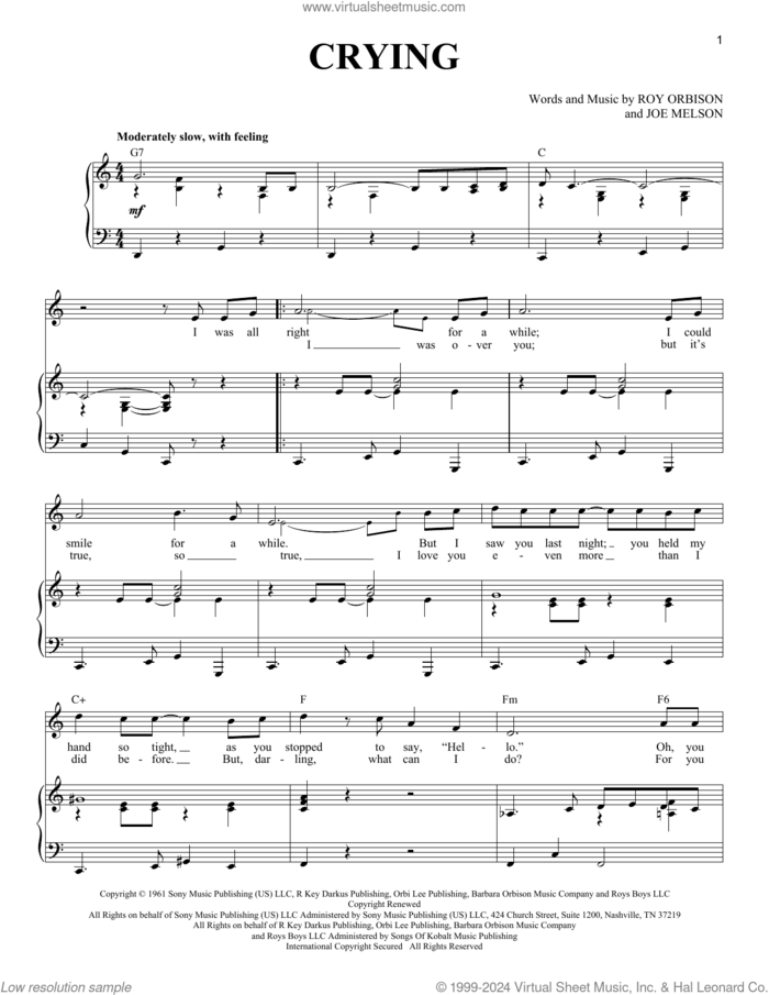 Crying sheet music for voice and piano by Roy Orbison, Don McLean, Jay & The Americans and Joe Melson, intermediate skill level